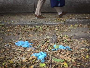 DEJAN TAPABOCAS Y GUANTES TIRADOS POR LAS CALLES.